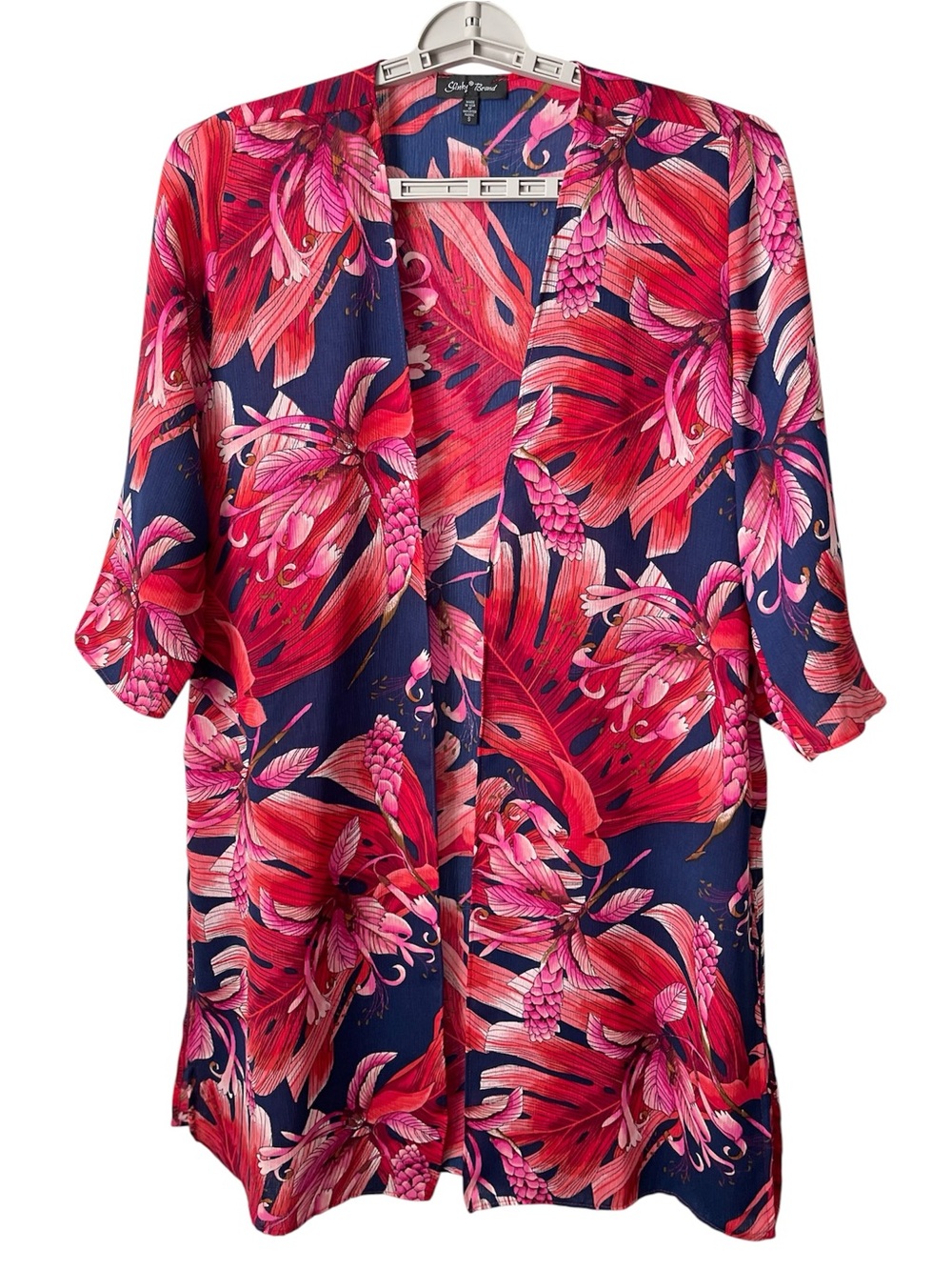 Slinky Brand Open Front Kimono Vibrant Tropical Print Womens Size S